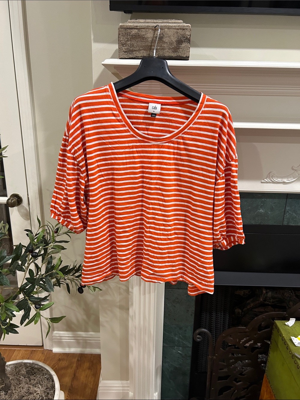CAbi Orange and White Striped Scoop Neck Tee